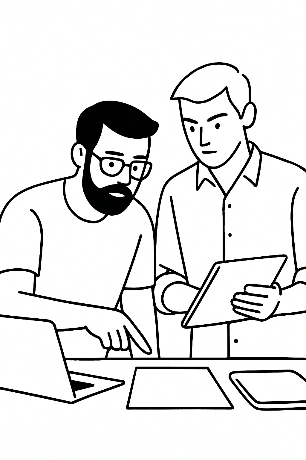 illustrazione grafica di due uomini e dei dispositivi elettronici come computer portatili e tablet