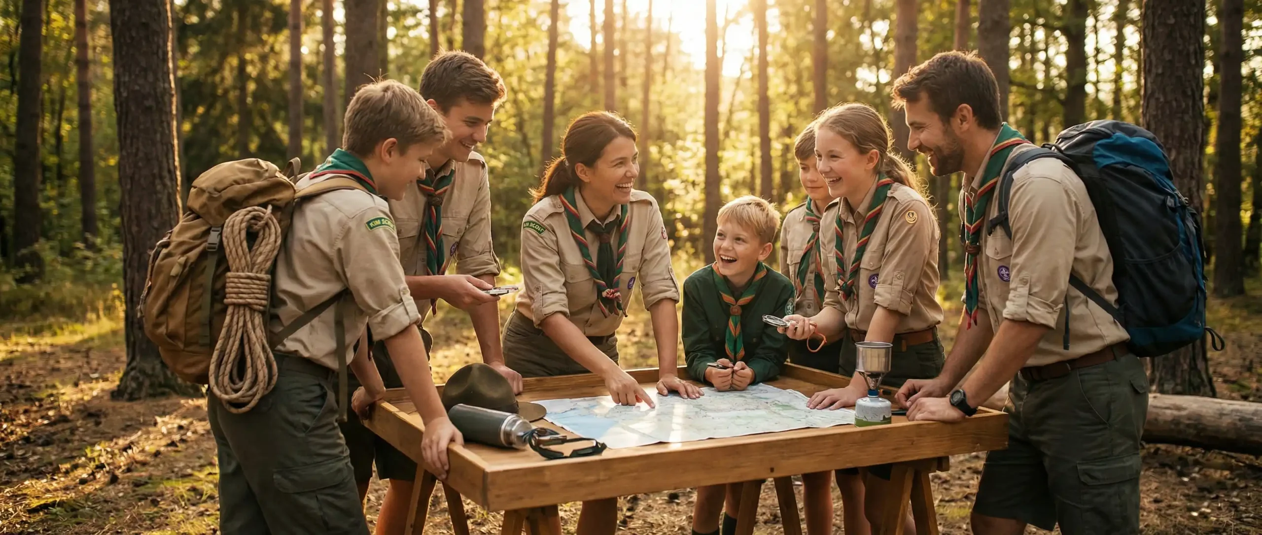 Una fotografia luminosa in stile lifestyle che ritrae un gruppo di sette scout, composto da adulti e bambini in uniforme, che ridono e collaborano attorno a un tavolo di legno in una foresta soleggiata. Stanno guardando e indicando una mappa topografica aperta. Zaini da trekking, una corda arrotolata e un fornelletto da campo sono visibili attorno a loro, con la luce calda del sole che filtra tra gli alberi.