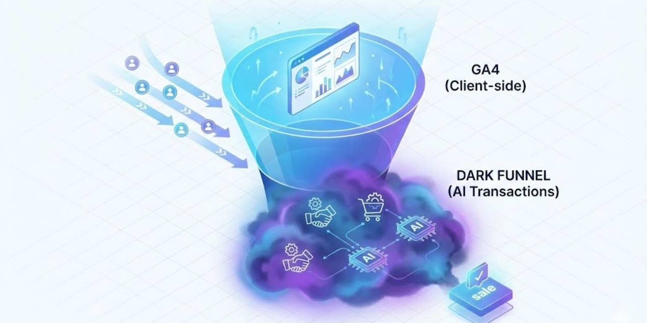 Illustrazione isometrica di un funnel di vendita digitale. La parte superiore mostra i dati utente che fluiscono visibilmente in una dashboard 'GA4 (Client-side)'. La parte inferiore dell'imbuto è oscurata da una nube viola etichettata 'Dark Funnel (AI Transactions)', che nasconde interazioni di IA e accordi automatizzati che portano a una vendita finale, non tracciata dalla dashboard superiore.
