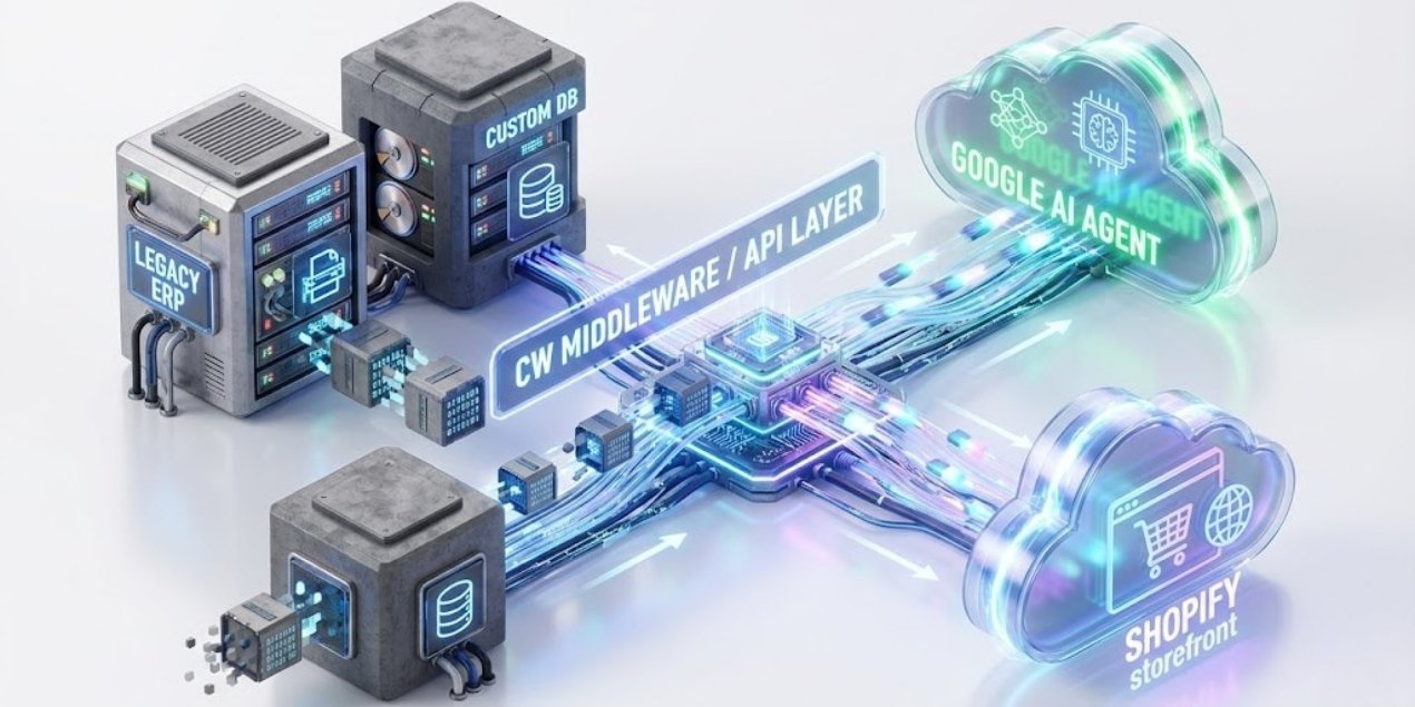 Illustrazione isometrica 3D di un sistema di integrazione. A sinistra, server 'LEGACY ERP' e 'CUSTOM DB' inviano dati grezzi attraverso un hub centrale etichettato 'CW MIDDLEWARE / API LAYER'. I dati vengono trasformati in flussi luminosi e trasmessi a destra verso icone cloud 'GOOGLE AI AGENT' e 'SHOPIFY storefront'.