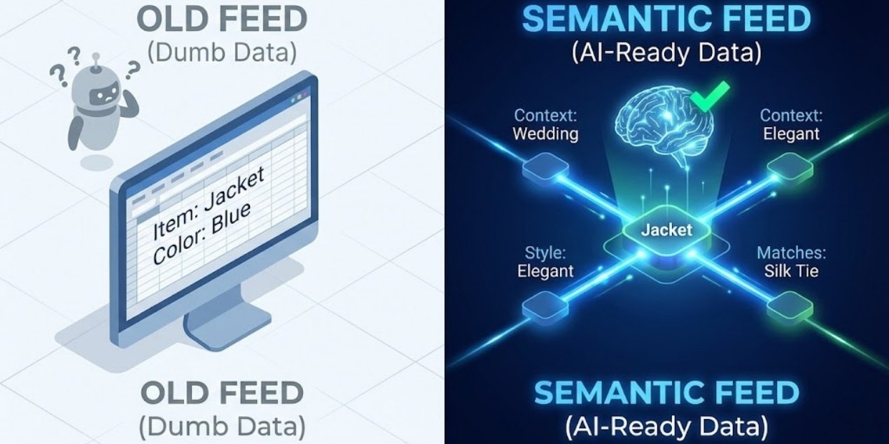 Infografica di confronto a schermo diviso. La parte sinistra, su sfondo chiaro etichettata 'OLD FEED (Dumb Data)', mostra un foglio di calcolo piatto con testo semplice 'Item: Jacket, Color: Blue' e un'icona di robot confuso. La parte destra, su sfondo scuro etichettata 'SEMANTIC FEED (AI-Ready Data)', mostra un knowledge graph luminoso 3D che collega il nodo centrale 'Jacket' a nodi contestuali come 'Context: Wedding', 'Style: Elegant' e 'Matches: Silk Tie', sotto un'icona di cervello AI con una spunta verde."