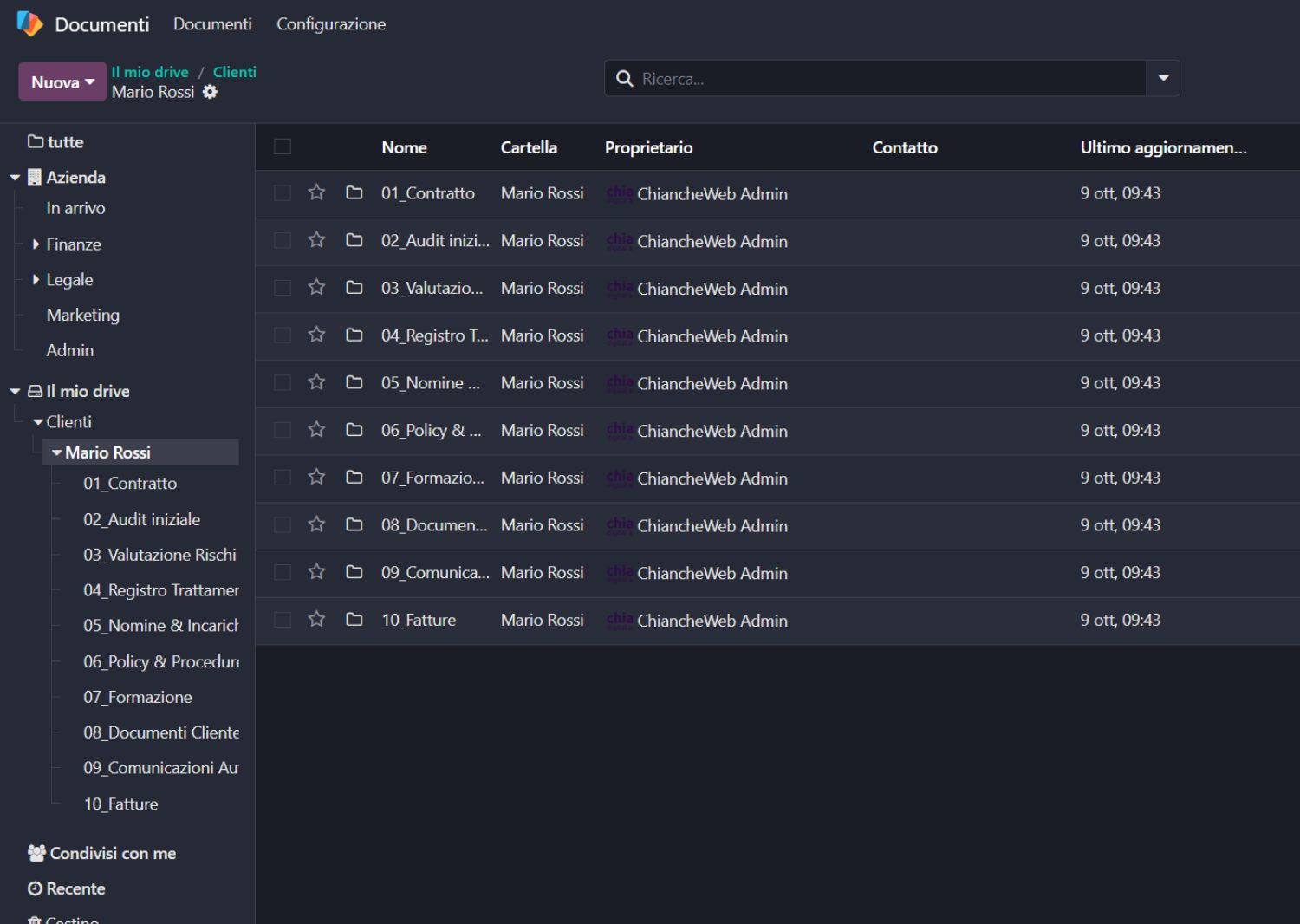 Odoo genera automaticamente un albero di 10 sottocartelle standardizzate (Contratti, DVR, Policy, ecc.)